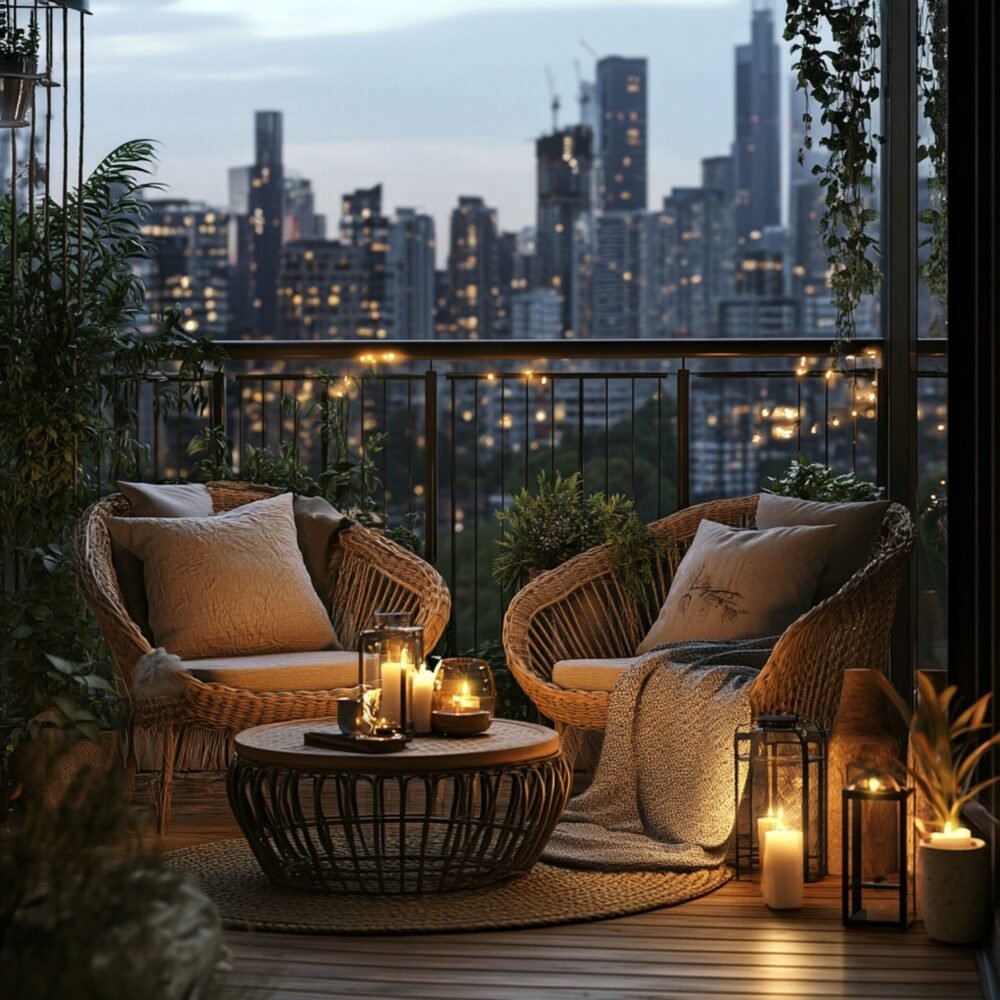 Industrial Balcony Design with Dark Metal Planters and Rattan Seating