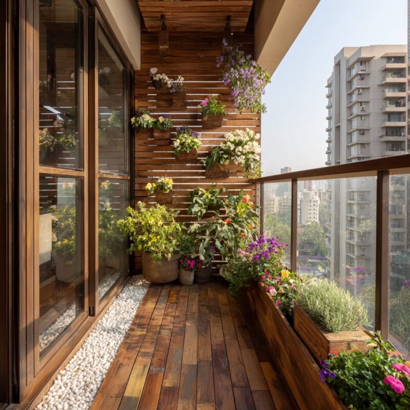 Rustic Balcony Design with Vertical Garden and Wooden Slat Wall