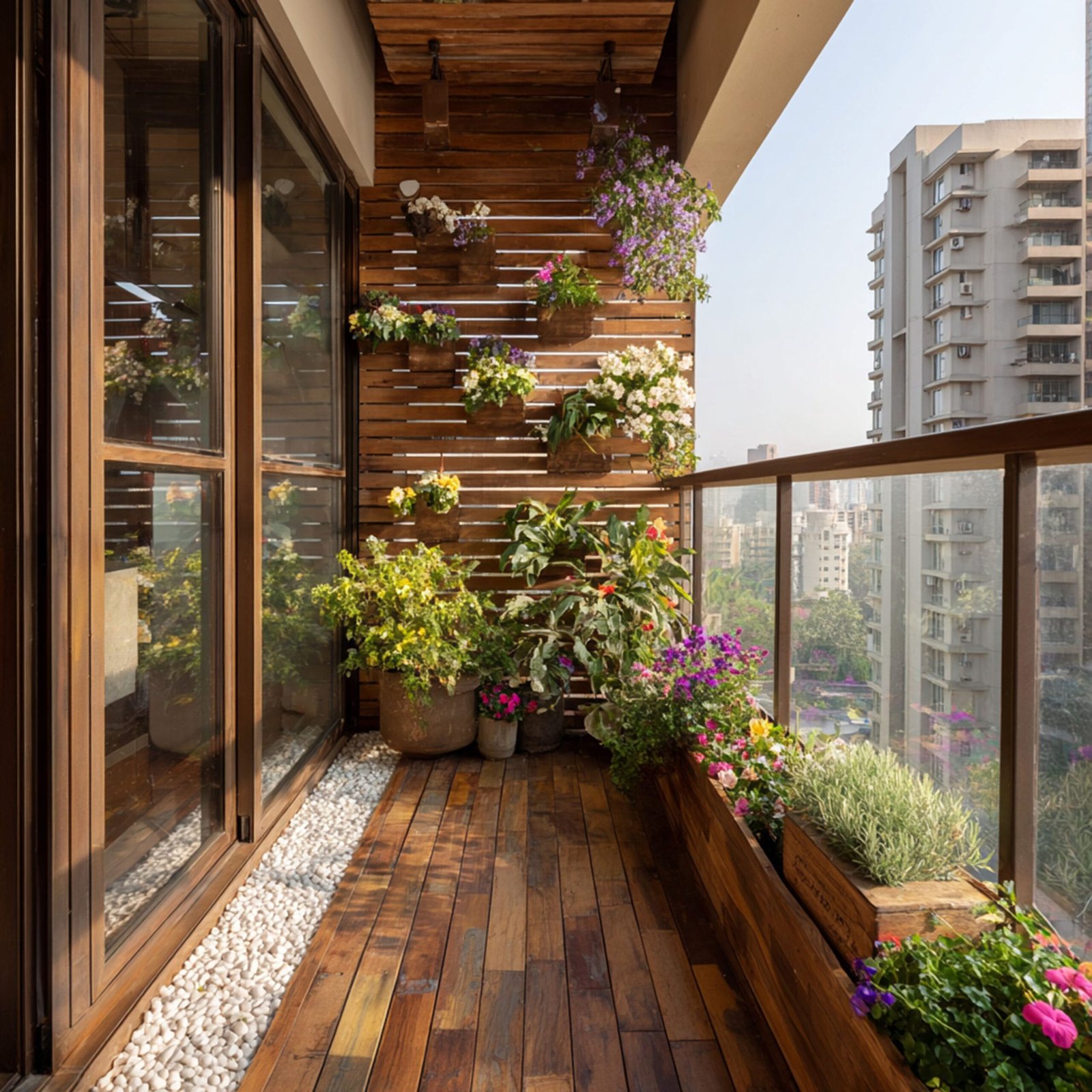 Rustic Balcony Design with Vertical Garden and Wooden Slat Wall