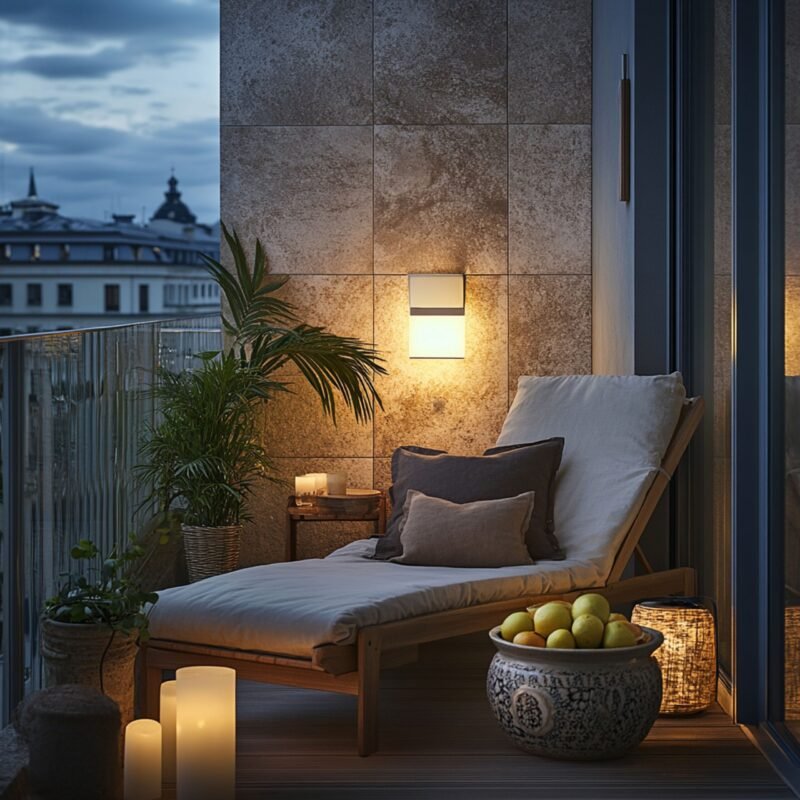 Modern Balcony Design with Stone Wall and Wooden Lounge Chair