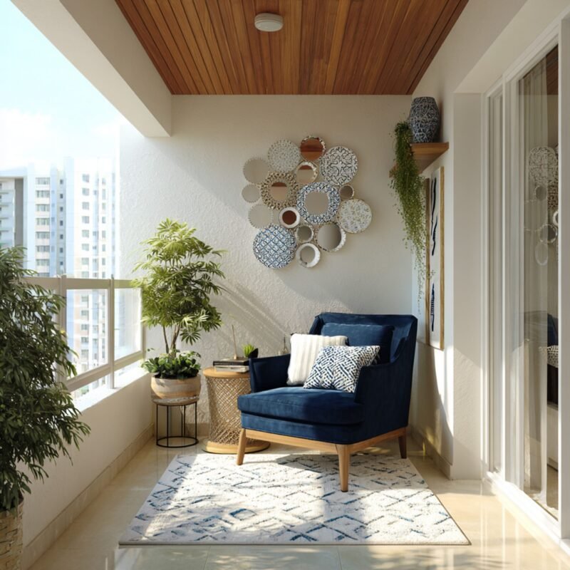 Modern White Wall Balcony Design with Navy Chair and Floating Shelf