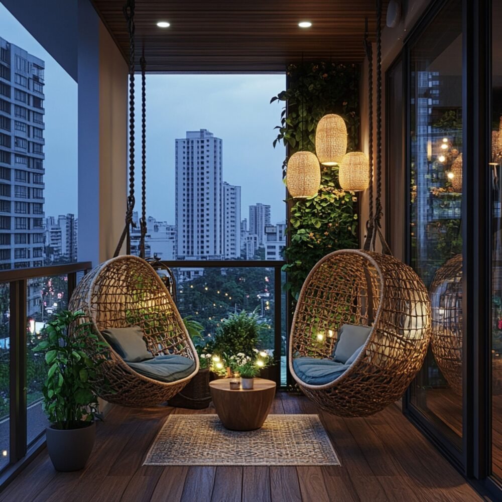 Modern Balcony Design with Modern Green Wall and Hanging Egg Chairs
