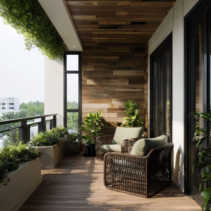 Tropical Balcony Design with Wood Cladding and Rattan Lounge Chairs