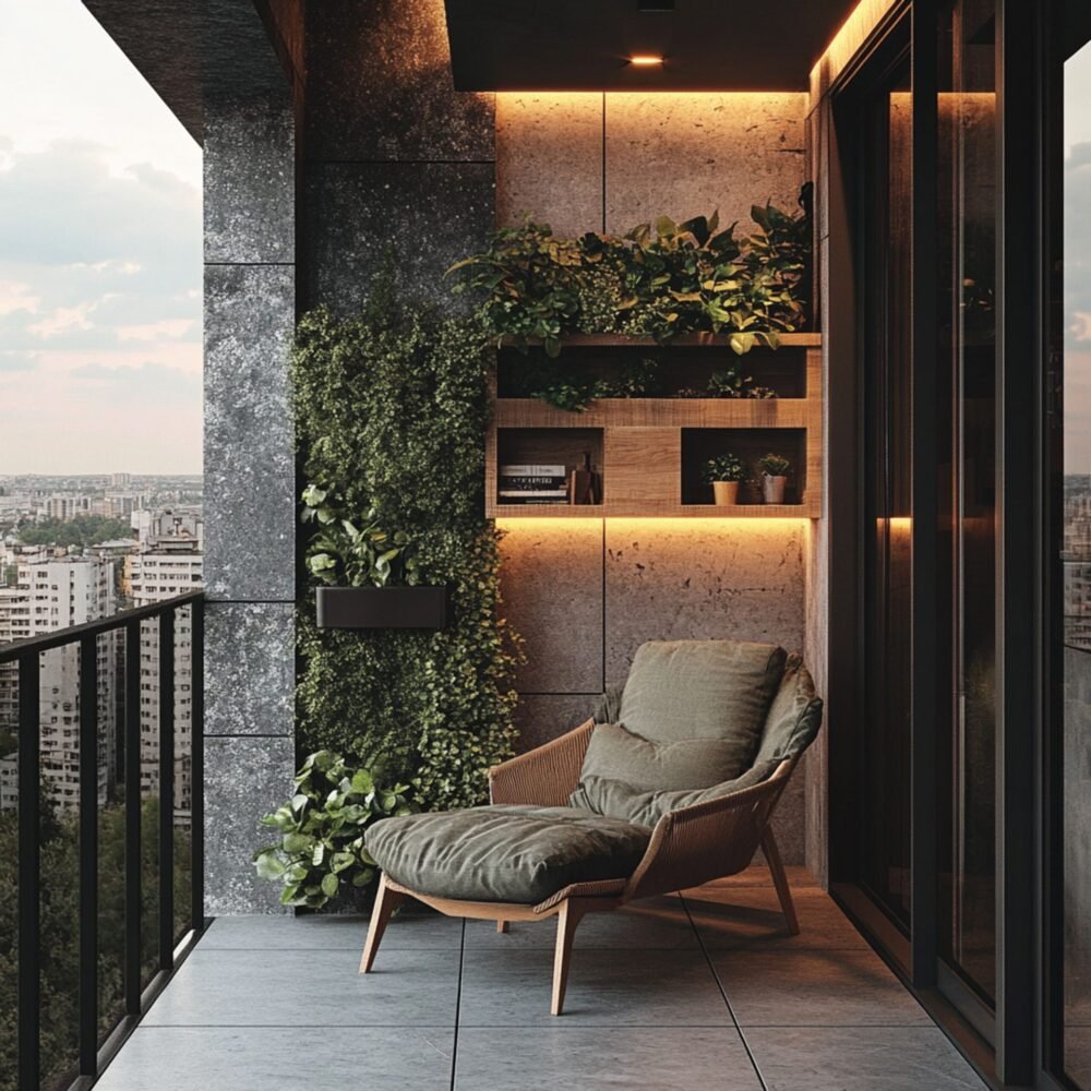 Contemporary Balcony Design with Textured Walls and Lounge Chair