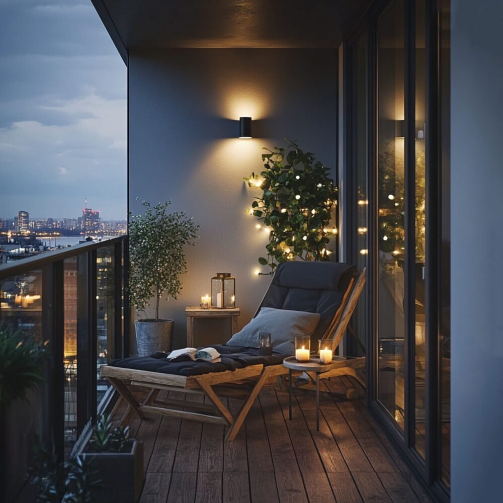 Modern Balcony Design with Cozy Lights and Wooden Lounge Chair