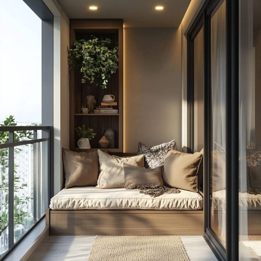 Modern Balcony Design with Wall Storage and Grey Wall Paint