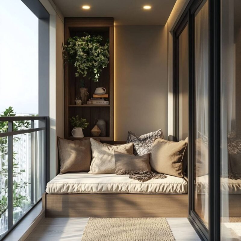 Modern Balcony Design with Wall Storage and Grey Wall Paint