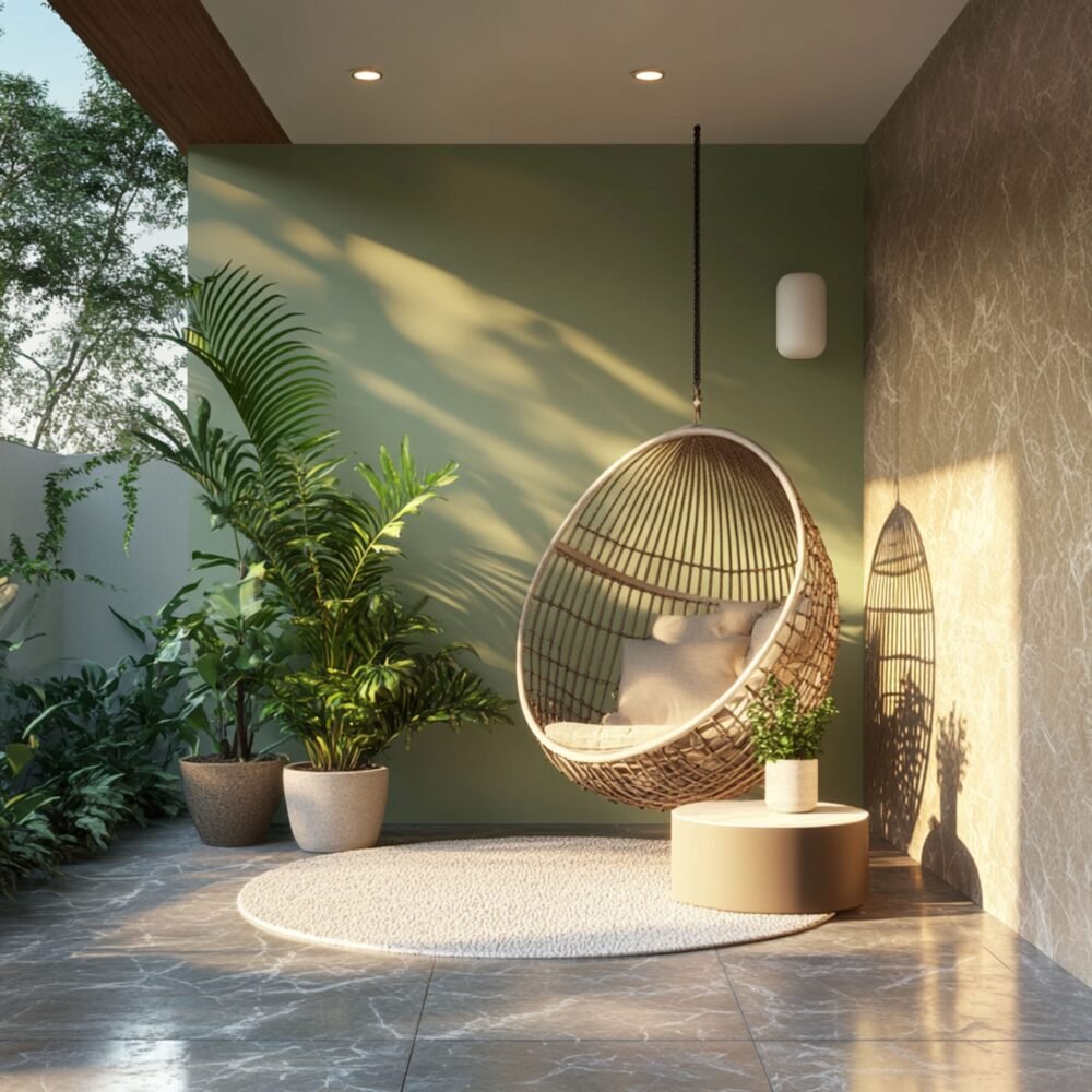 Tropical Balcony Design with Light Green and Grey Wall
