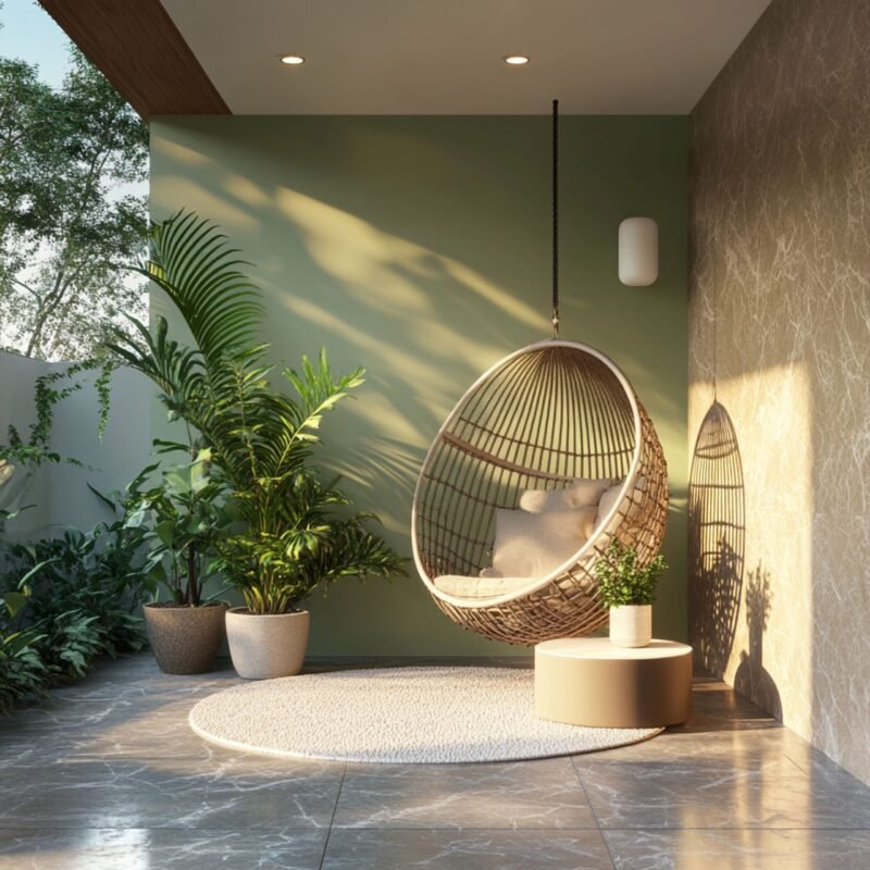 Tropical Balcony Design with Light Green and Grey Wall