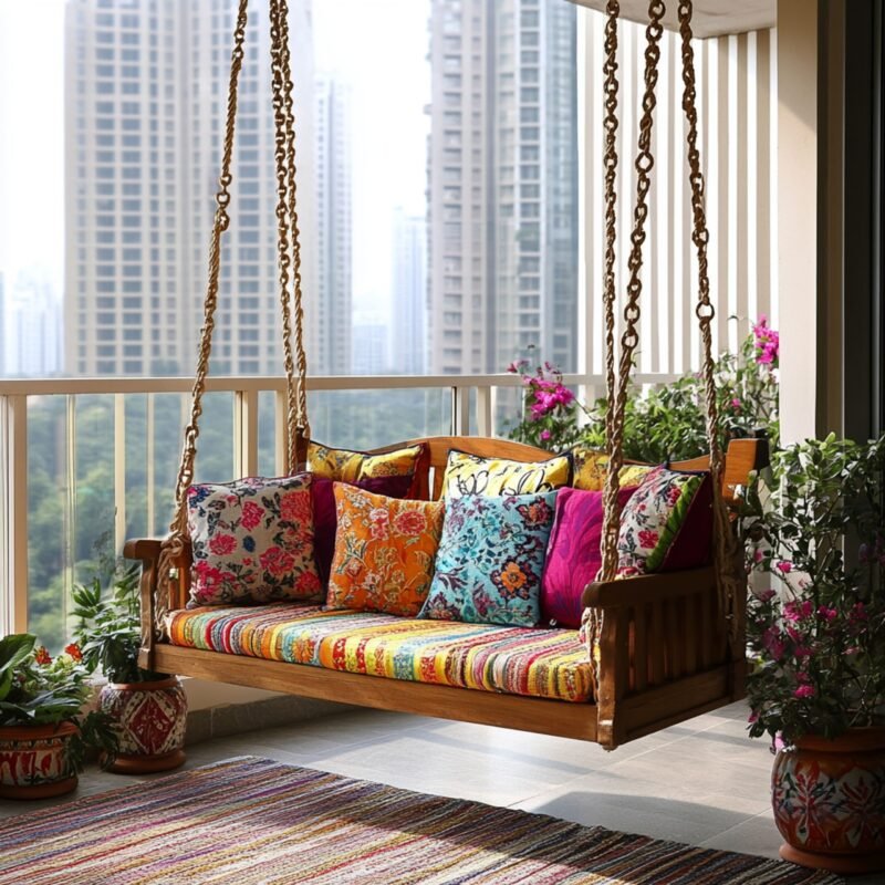 Bohemian Balcony Design with Swing and Patterned Pillows