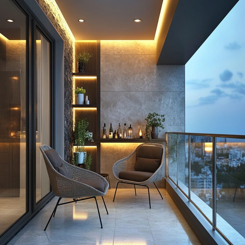 Modern Balcony Design with Stone Walls, Wooden Shelves, and Bar Counter