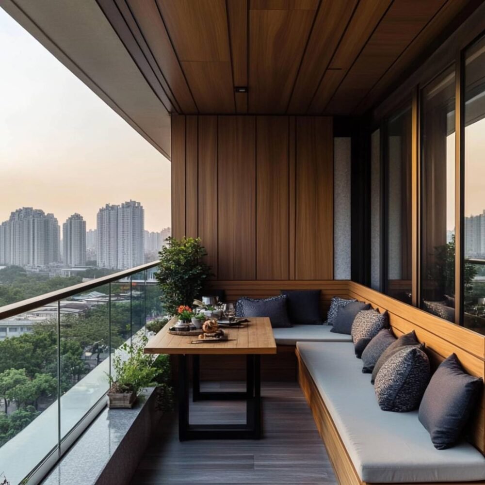 Modern Balcony Design with Wooden Panel Wall with Grooves