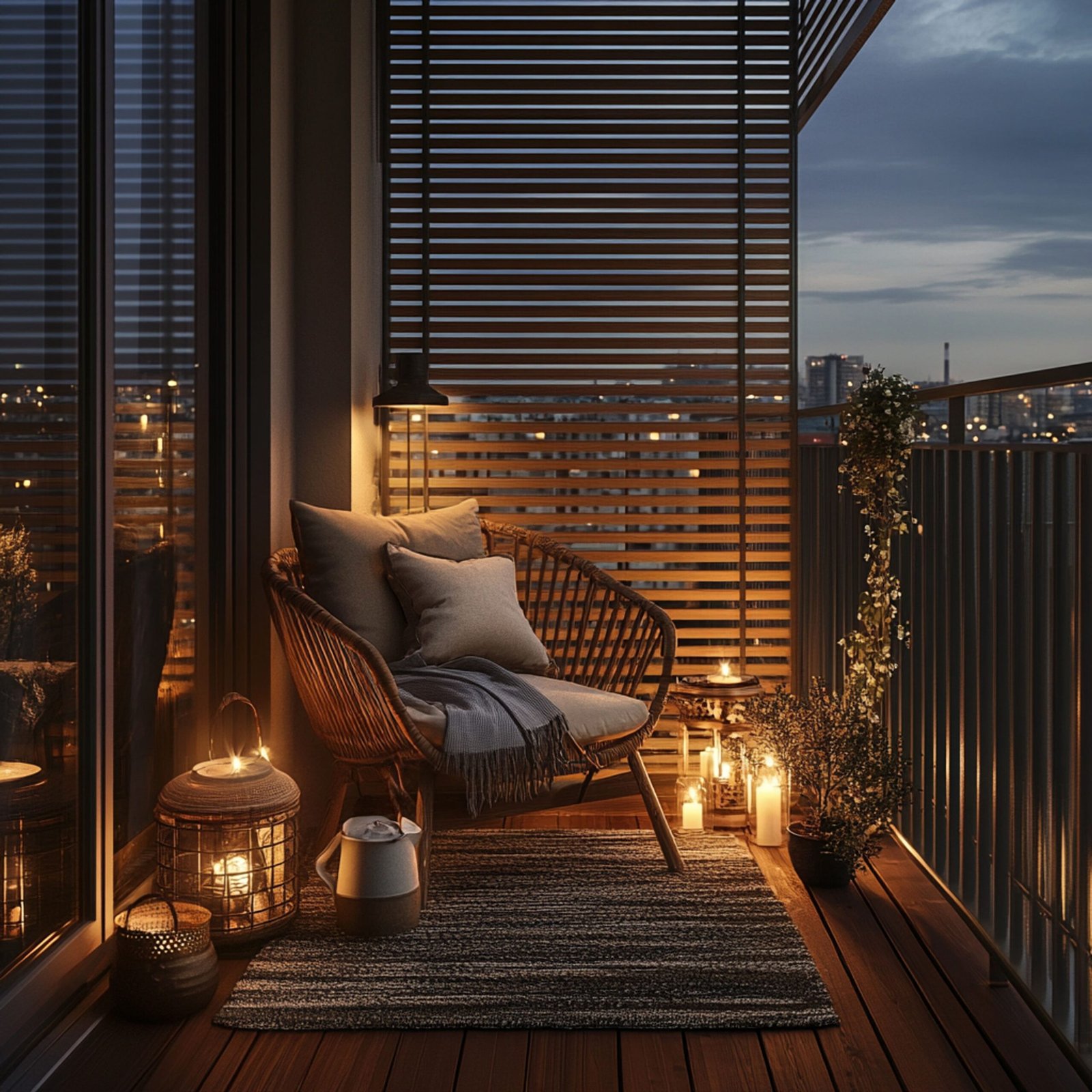 Modern Balcony Design with Wooden Screen Wicker Chair and Planters