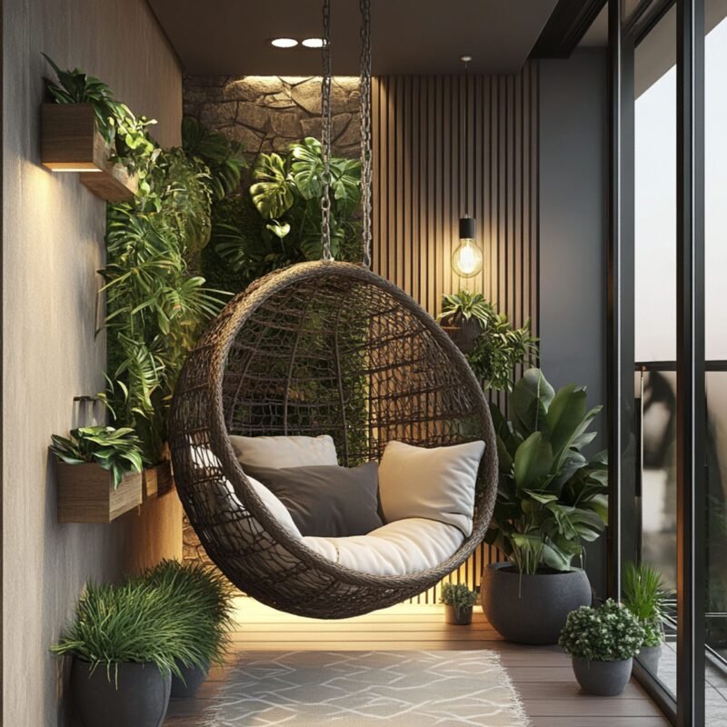 Modern Balcony Design with Wooden Slats, Vertical Garden, and Wicker Chair