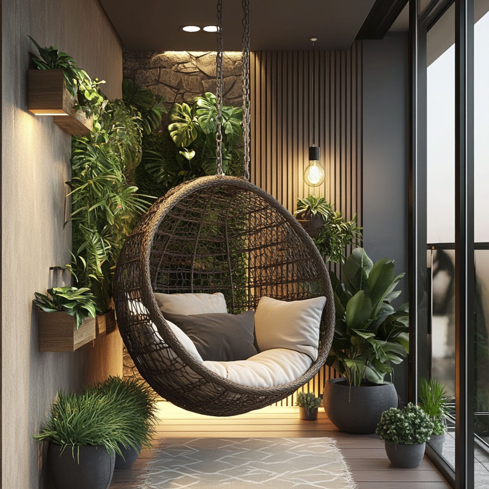 Modern Balcony Design with Wooden Slats, Vertical Garden, and Wicker Chair