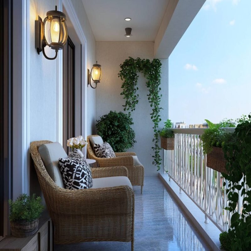 Contemporary Balcony Design with Textured Wallpaper Finish
