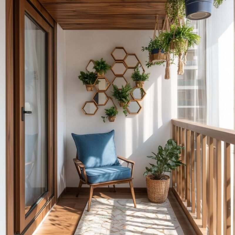Modern Balcony Design with Wooden Hexagon Wall Decor