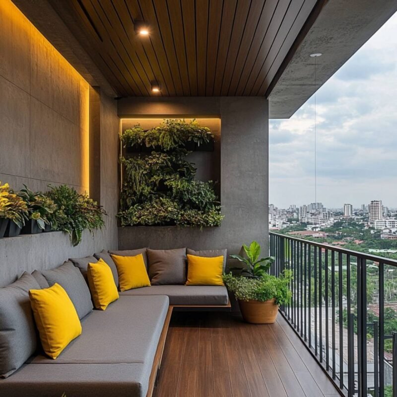 Rustic Balcony Design with Concrete Texture Wall Design