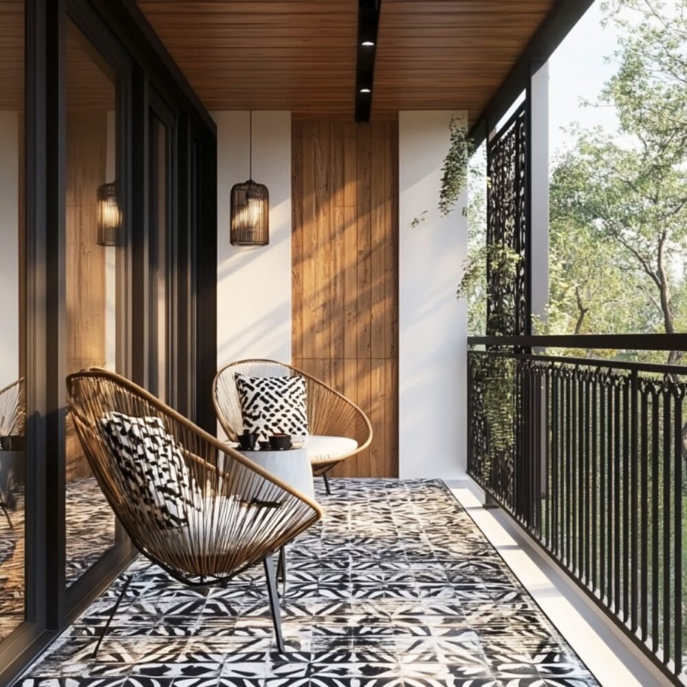 Modern Balcony Design with Wood Panels and Rattan Chairs