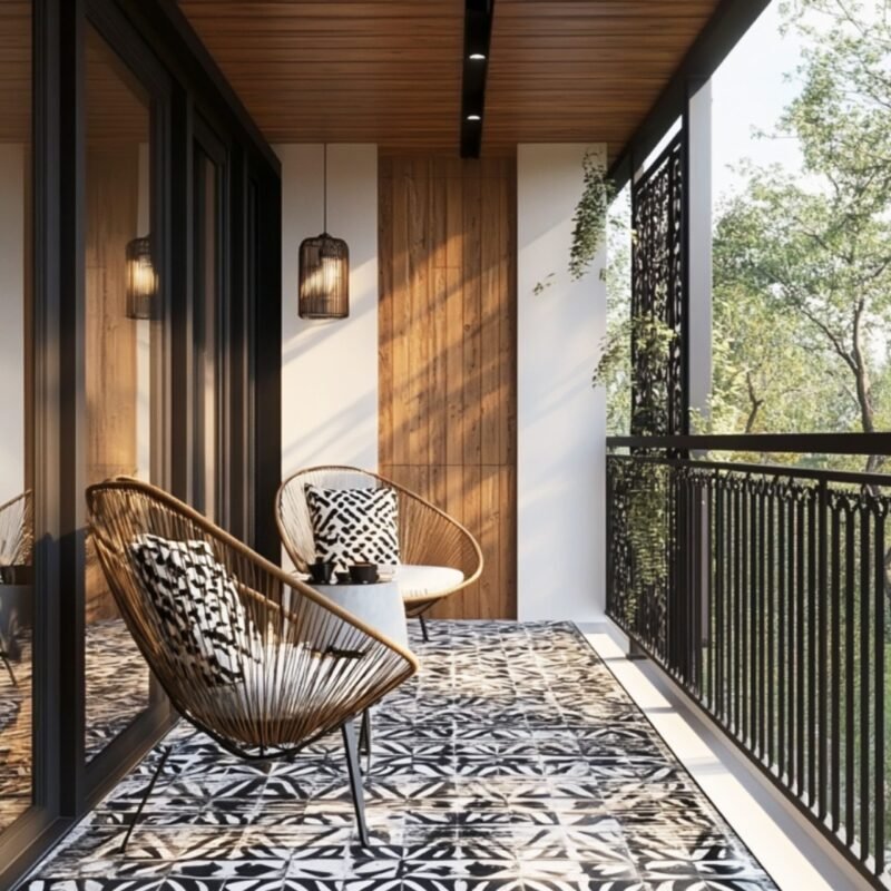 Modern Balcony Design with Wood Panels and Rattan Chairs