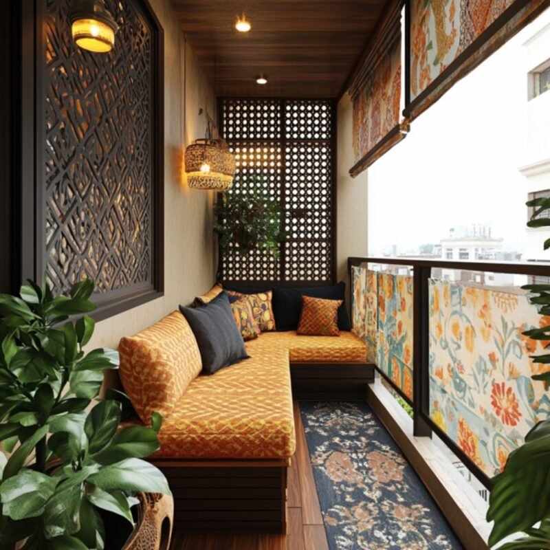 Tropical Balcony Design with Lattice Screens and Cushion Seating
