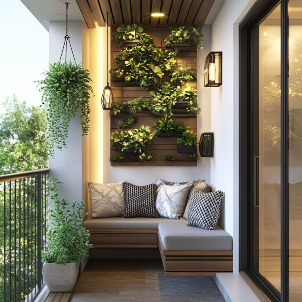 Tropical Balcony Design with Wooden Vertical Wall Planter