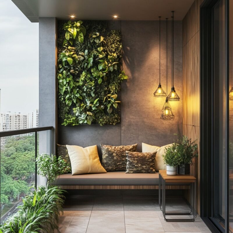 Tropical Balcony Design with Vertical Garden and Floating Wooden Bench