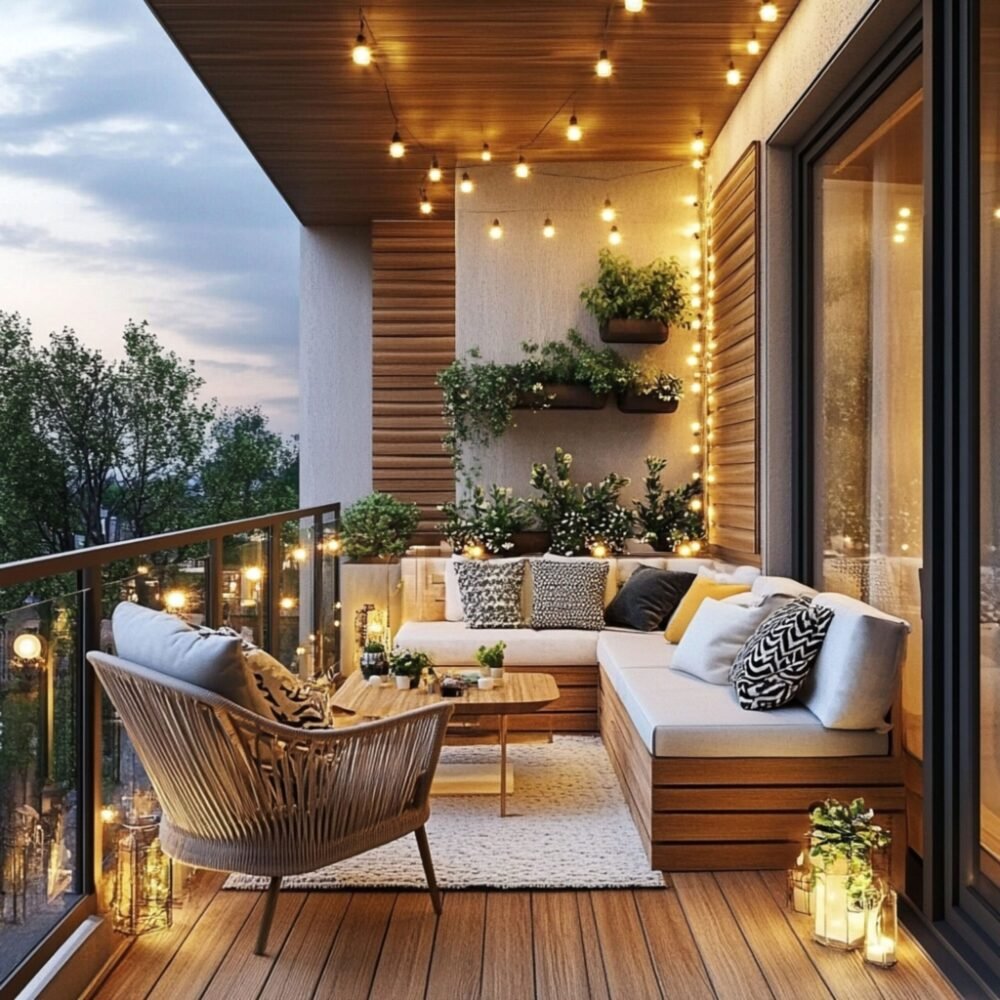 Tropical Balcony Design with Wooden Slats, L-Shaped Bench and Greenery