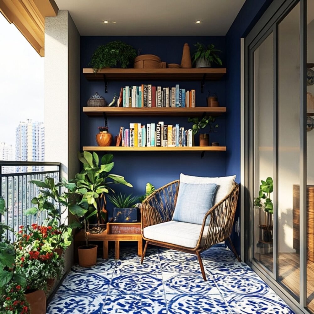 Bohemian Balcony Design with Blue Wall and Wooden Shelves