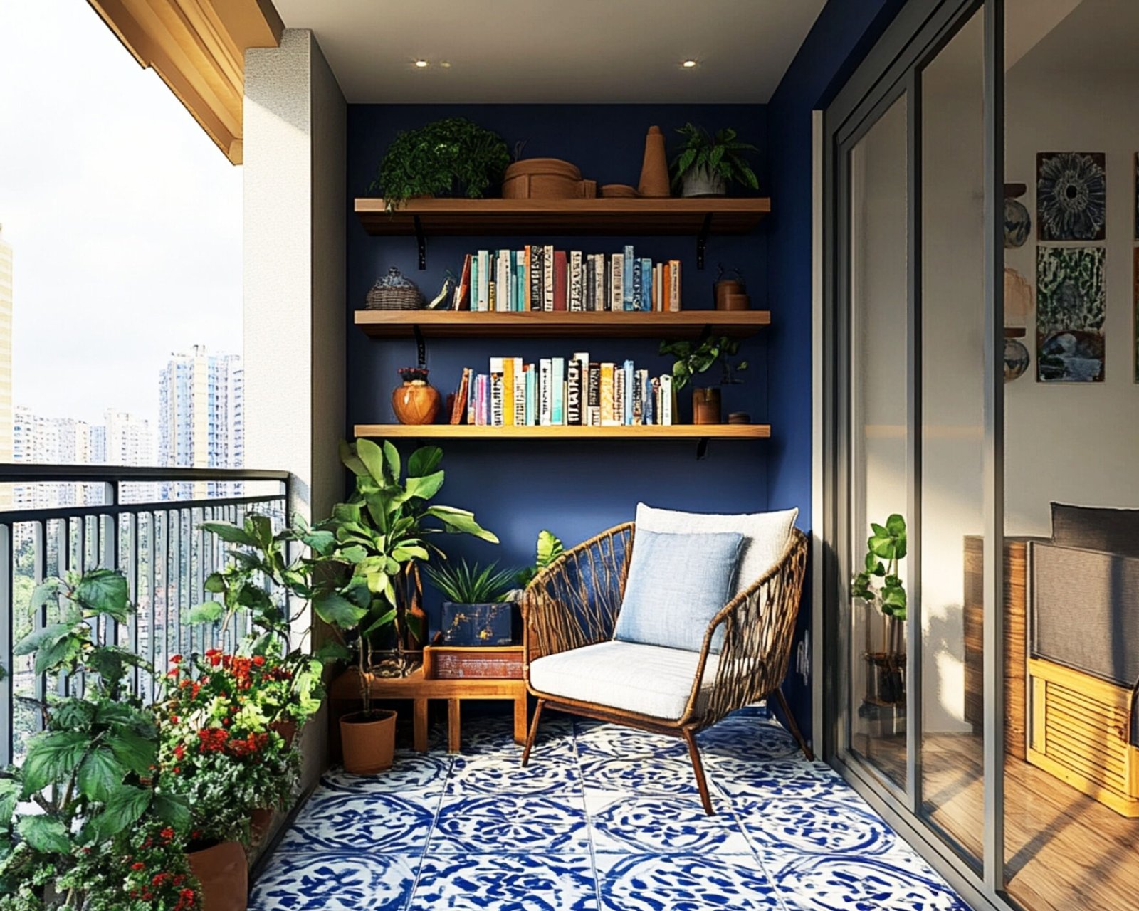 Bohemian Balcony Design with Blue Wall and Wooden Shelves