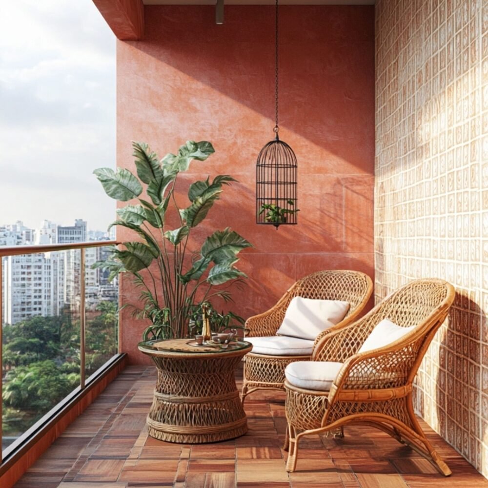 Indian Traditional Balcony Design with Terracotta Walls and Rattan Seating