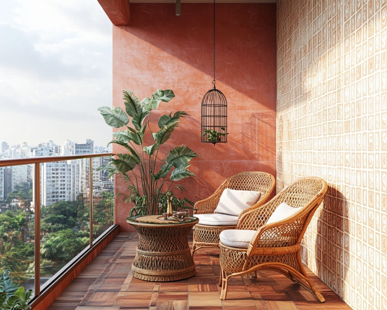 Indian Traditional Balcony Design with Terracotta Walls and Rattan Seating