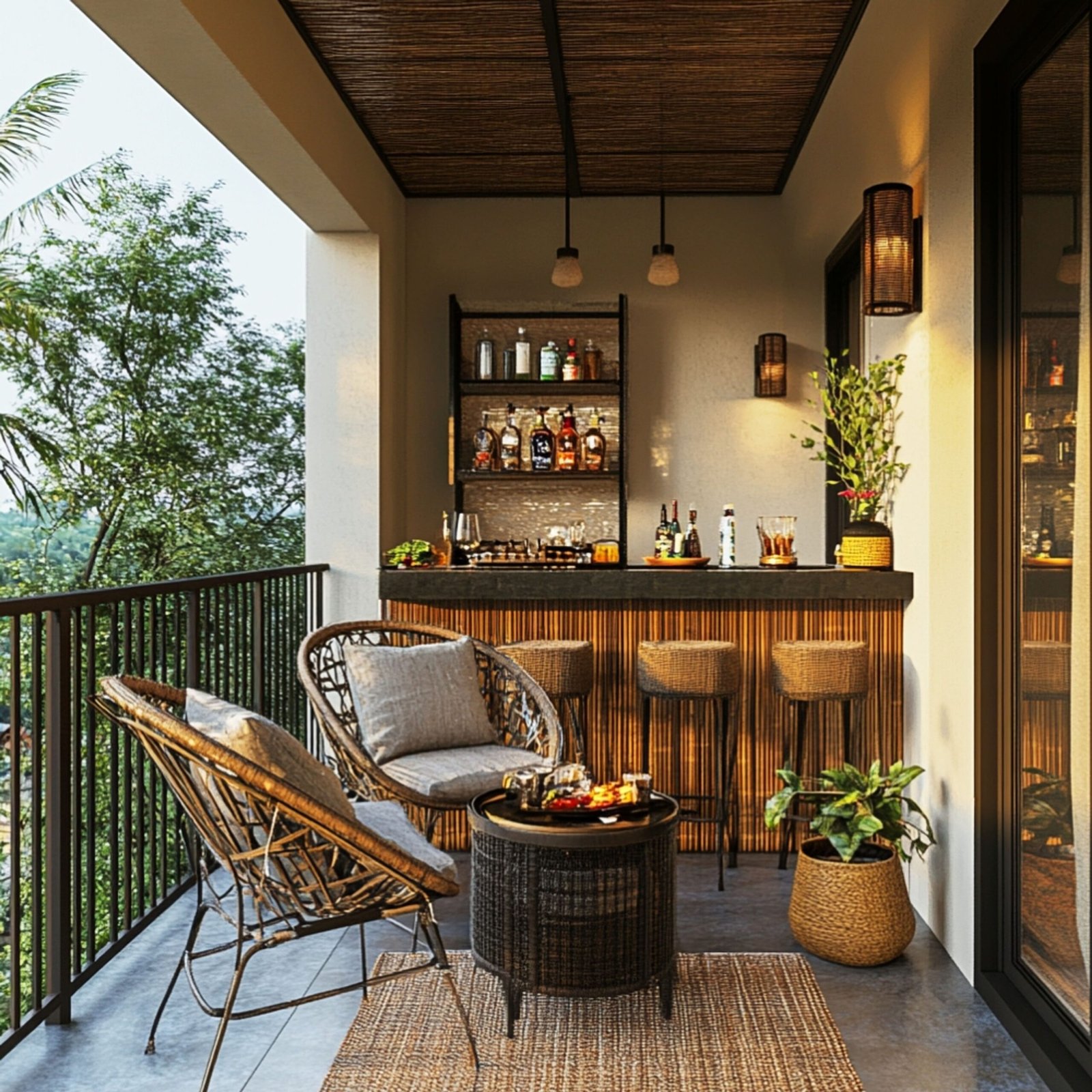 Bohemian Balcony Design with Wicker Furniture and Cane Lighting