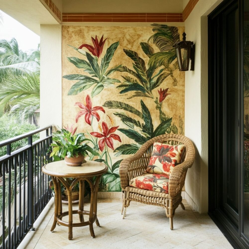 Tropical Balcony Design with Vibrant Mural and Lush Green Foliage