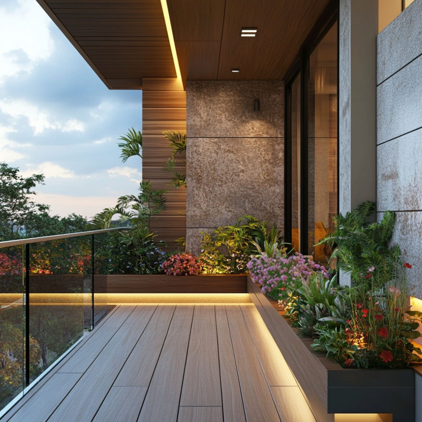 Contemporary Balcony Design with Wood Cladding and Textured Stone Wall