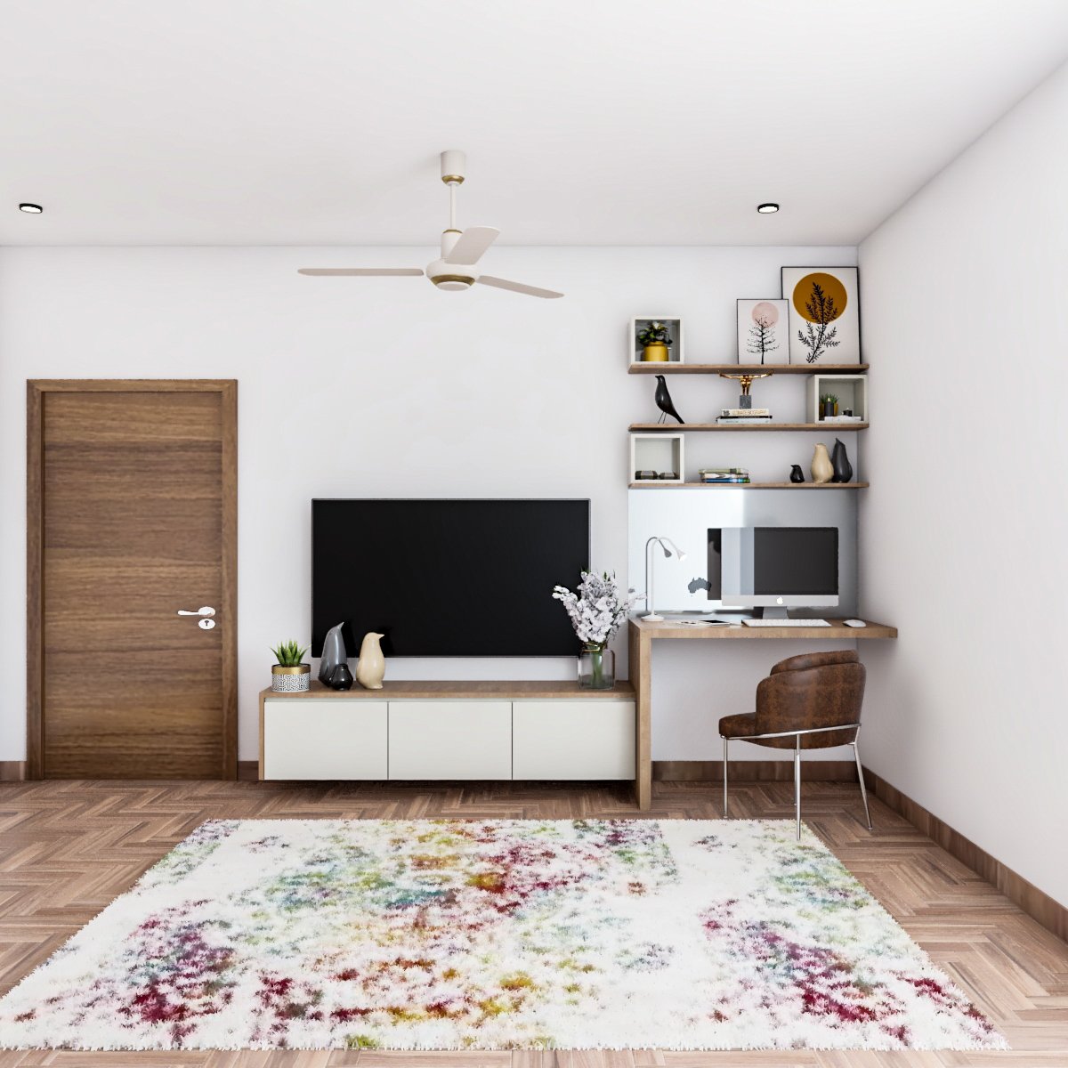 Modern Study Room Design With Chevron Wooden Flooring