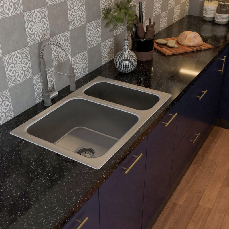 Contemporary Quartz Top Mount Double Bowl Kitchen Sink Design With Grey And White Backsplash