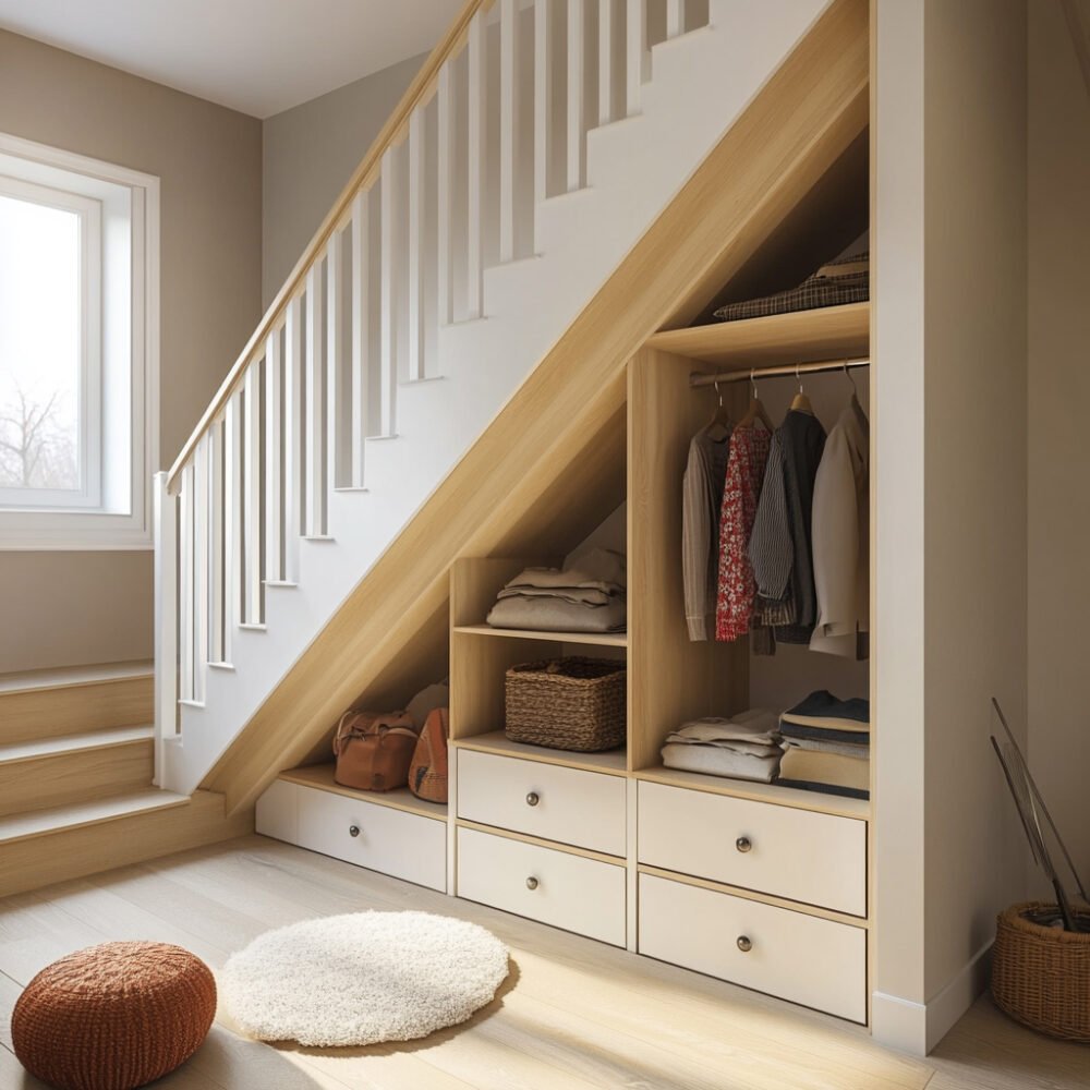 Efficient Space-Saving Under-Stair Storage Design with Open Shelves