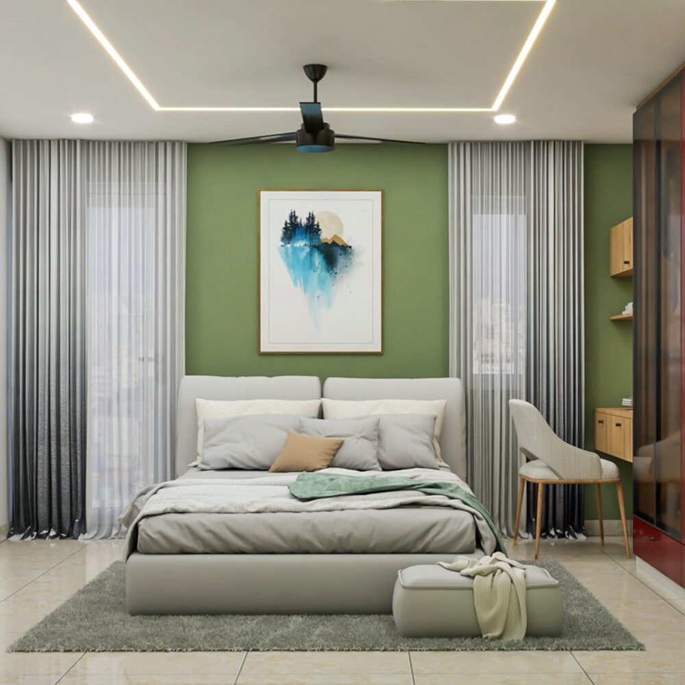 Minimal Guest Bedroom Design with Green Accent Wall
