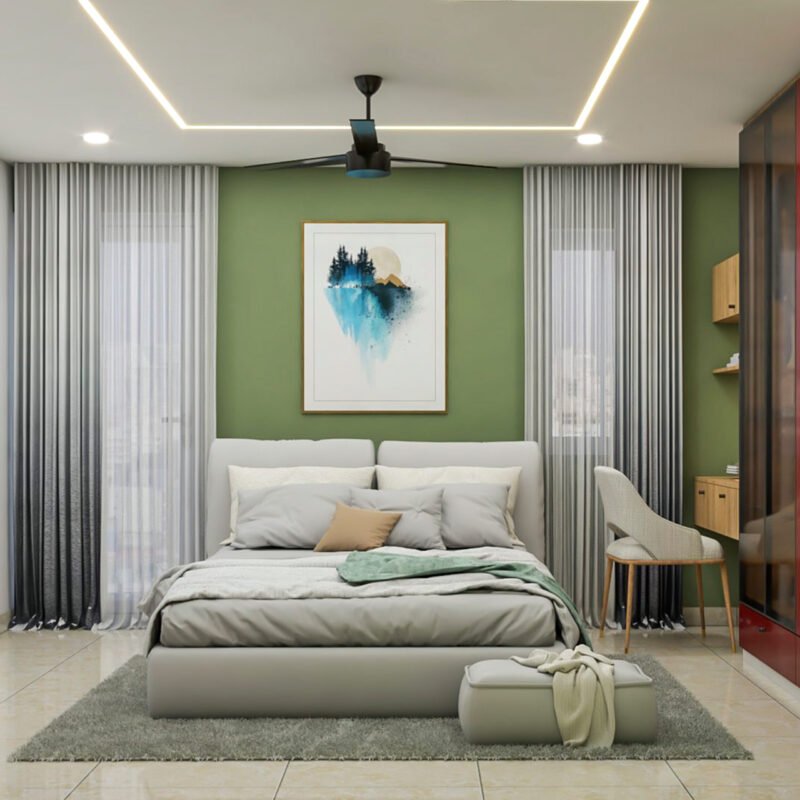 Minimal Guest Bedroom Design with Green Accent Wall