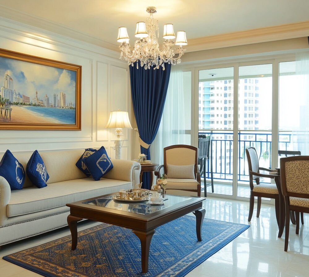 Classic Living Room Design with Chesterfield Cream Sofa and Accent Chair