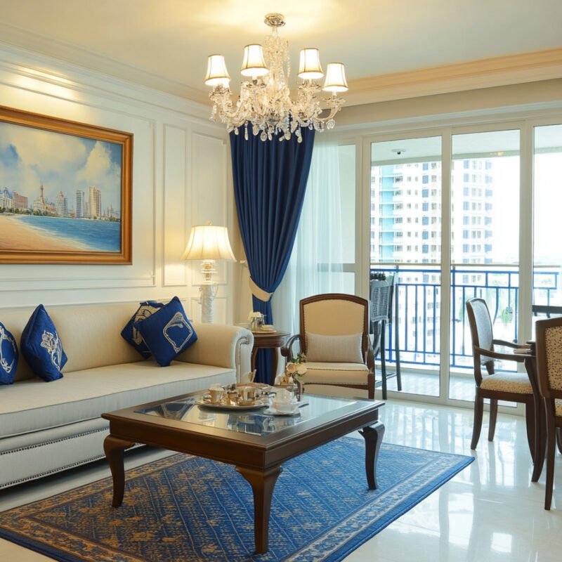 Classic Living Room Design with Chesterfield Cream Sofa and Accent Chair