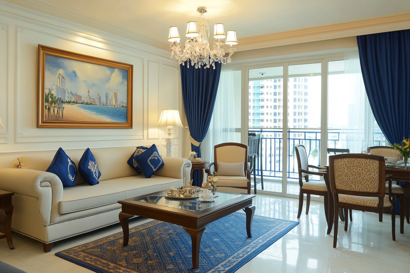 Classic Living Room Design with Chesterfield Cream Sofa and Accent Chair
