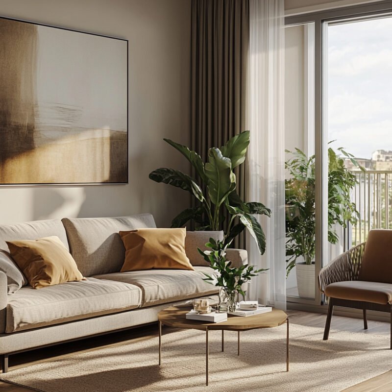 Scandinavian Living Room Design with Beige 3-Seater Sofa