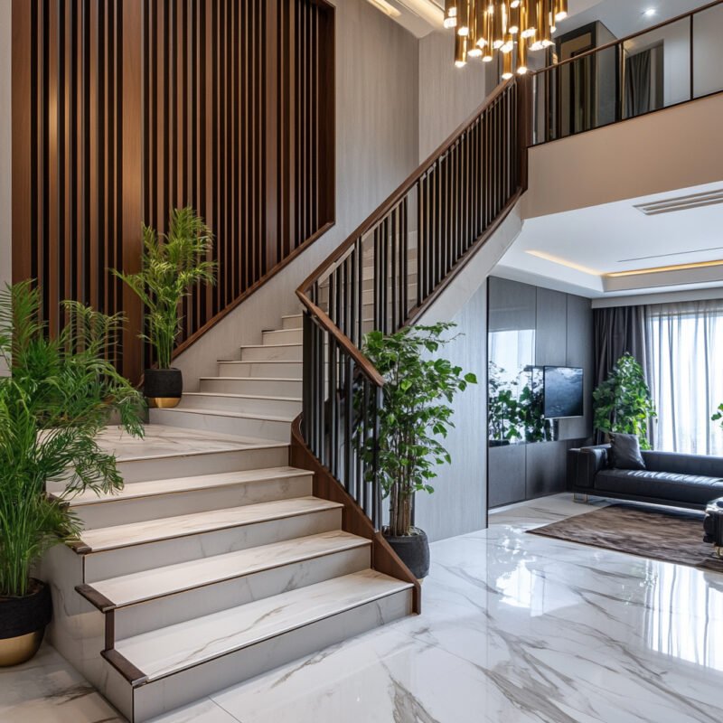 Contemporary L-Shape Staircase Design with Wood, Concrete, and Metal