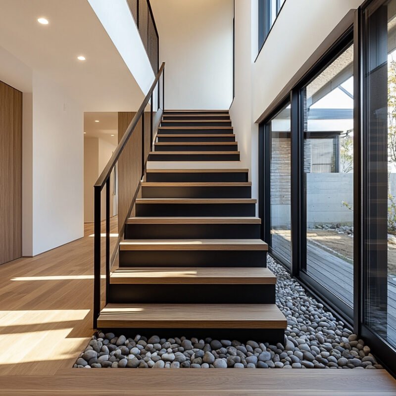 Modern Straight Staircase Design with Wood, Concrete, Metal, Glass