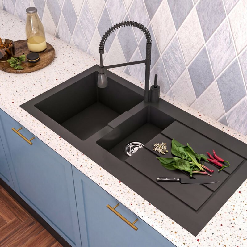 Modern Quartz Top Mount Double Bowl Kitchen Sink Design With Blue Cabinets