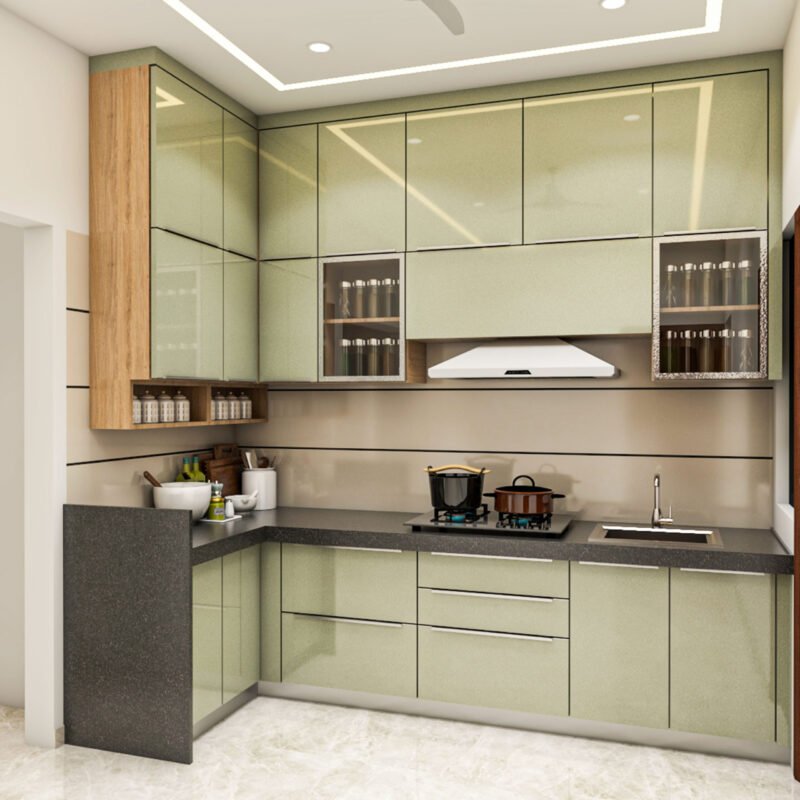 Olive Green L-Shaped Contemporary Kitchen Design with Glossy Cabinets