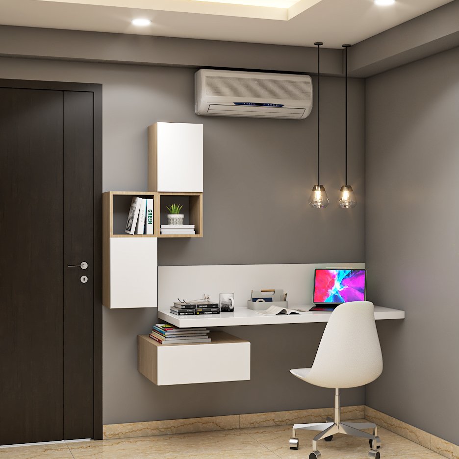 Minimalistic White And Brown Study Room Design With White Swivel Chair