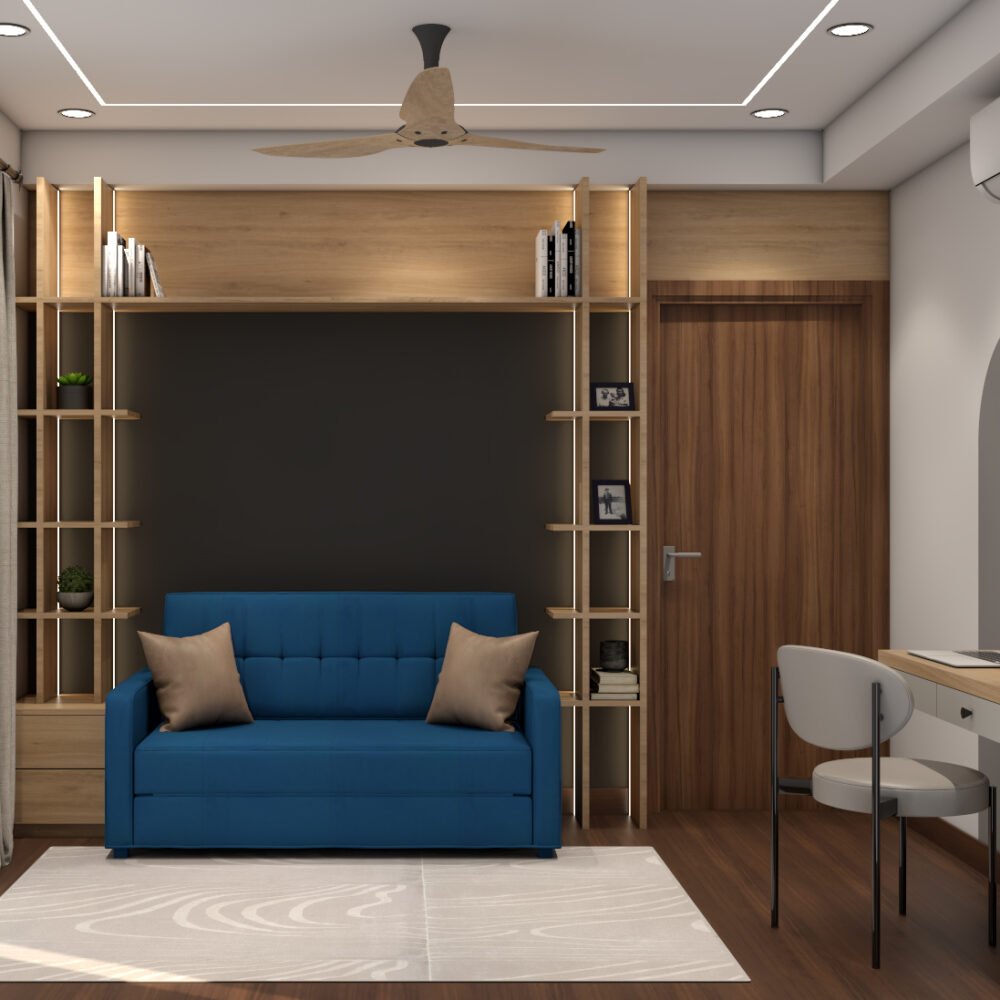 Neutral Space-Saving Living Room Design with Blue Sofa